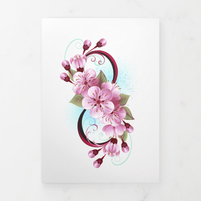 Infinity with Sakura Blossom Flowers Tri-Fold Holiday Card (Cover)