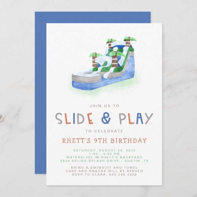 Inflatable Water Slide Birthday Party Invitation (Front/Back)