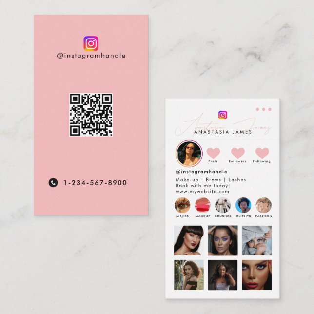 Influencer Photo Feed Social Media QR Code Pink Business Card (Front/Back)