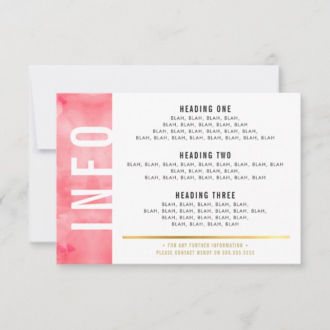 INFO DETAILS bold block modern coral pink gold RSVP Card (Front)