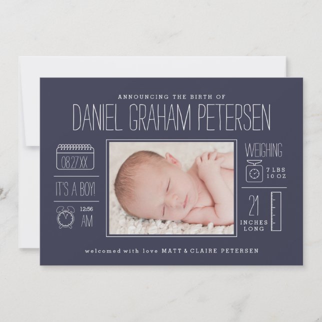 Infographic Birth Announcement in Navy Blue (Front)