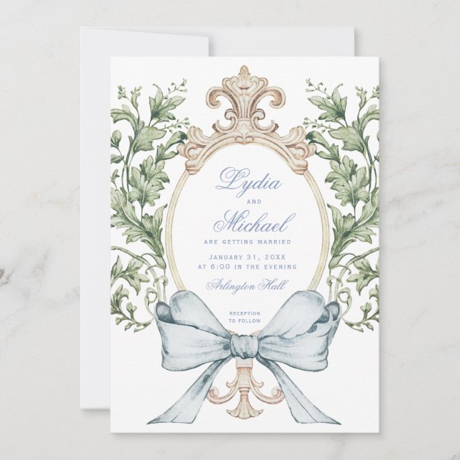 Informal Leaf Crest w/ Bow | Monogram Wedding Invitation (Front)