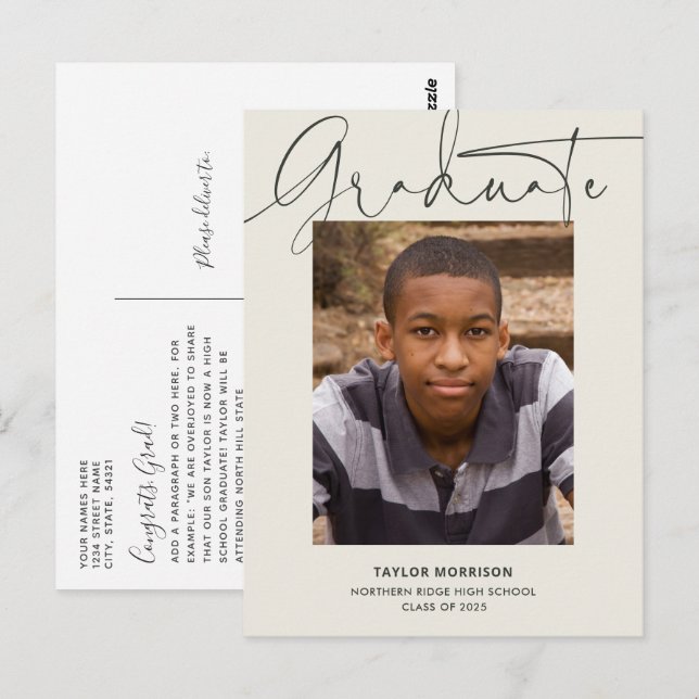Informal Script Modern 1-Photo Graduation Postcard (Front/Back)