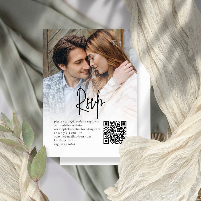 Informal Script Photo Overlay QR Wedding RSVP  Enclosure Card (Creator Uploaded)