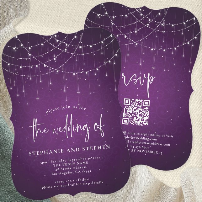 Informal Script Purple String Lights QR Wedding Invitation (Bracket edges  - QR code to your website. Choose from 6 edge types and 12 paper types)