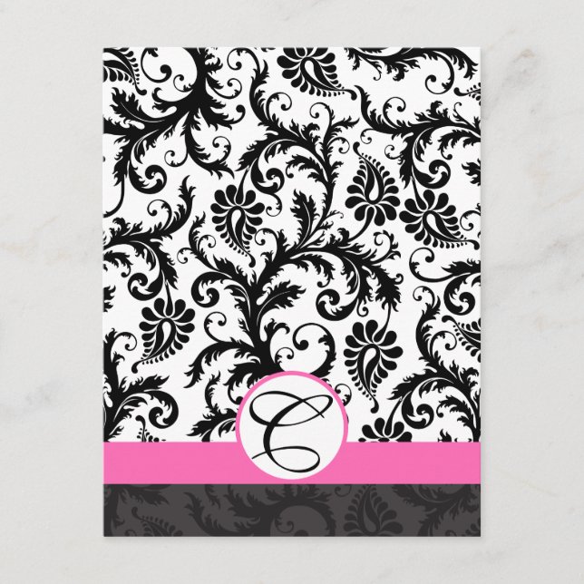 Information Cards-Black  Damask Hot Pink Trim Enclosure Card (Front)