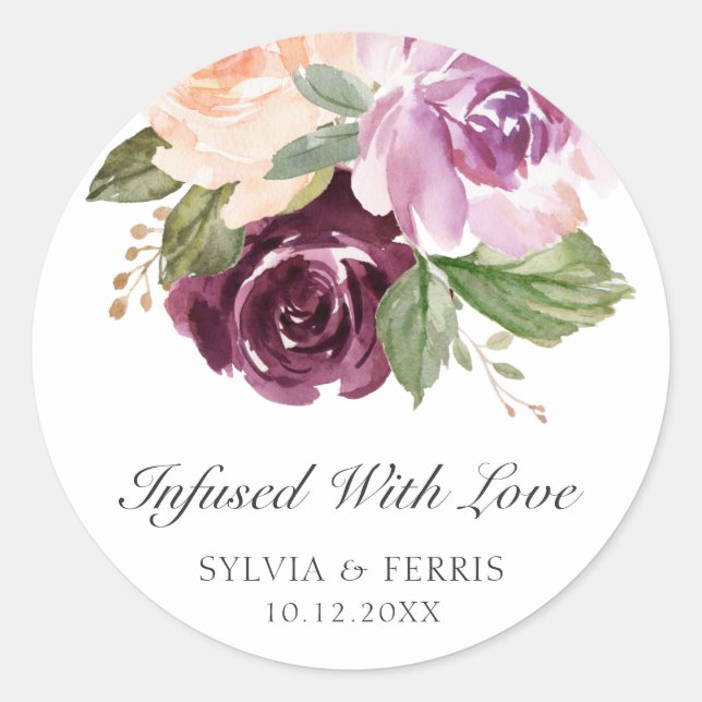 Infused With Love Moody Plum Floral Wedding Favour Classic Round Sticker (Front)