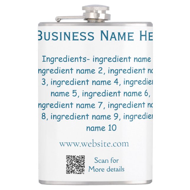 Ingredients name add business name website QR code Hip Flask (Front)