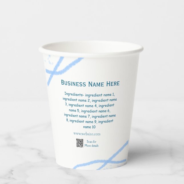Ingredients name add business name website QR code Paper Cups (Front)