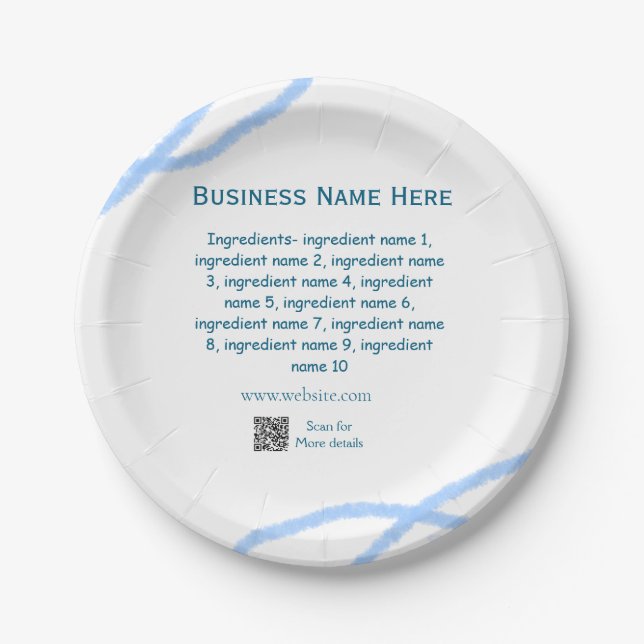 Ingredients name add business name website QR code Paper Plate (Front)