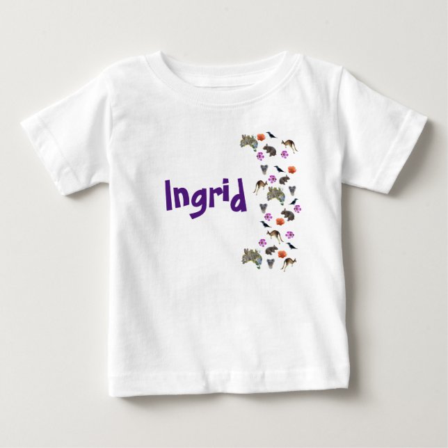 Ingrid, Name Logo With Australian Wildlife,  Baby T-Shirt (Front)