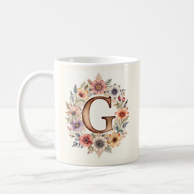 Inital G Flower boho floral Mug  (Left)