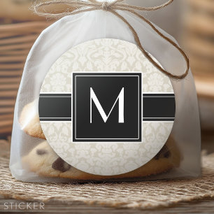 Inital with Ivory Beige Damask Classic Round Sticker