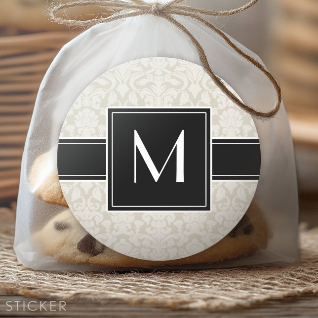 Inital with Ivory Beige Damask Classic Round Sticker (Custom Sticker)