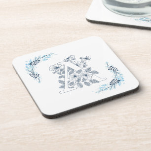Initial "A" Blue Monogram Calm Floral Coaster