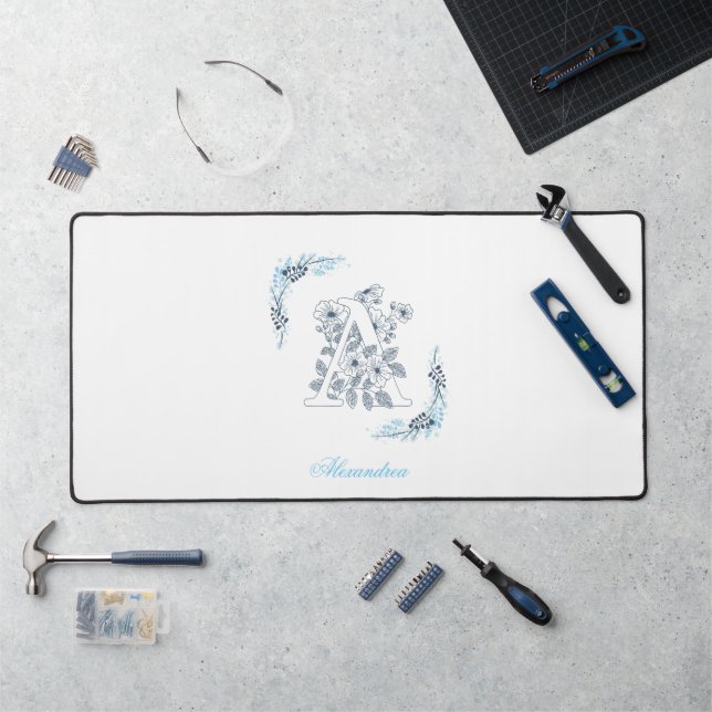 Initial "A" Blue Monogram Calm Floral Desk Mat (Workstation)