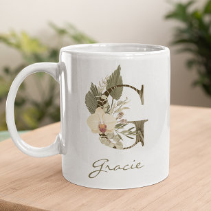 Initial A Boho Floral Orchid Greenery Custom Name Coffee Mug