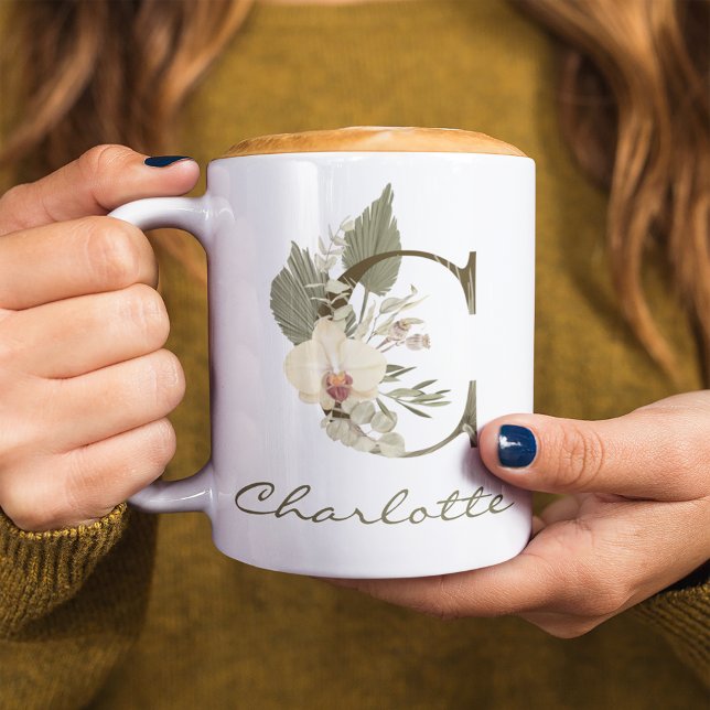 Initial A Boho Floral Orchid Greenery Custom Name Coffee Mug (Creator Uploaded)