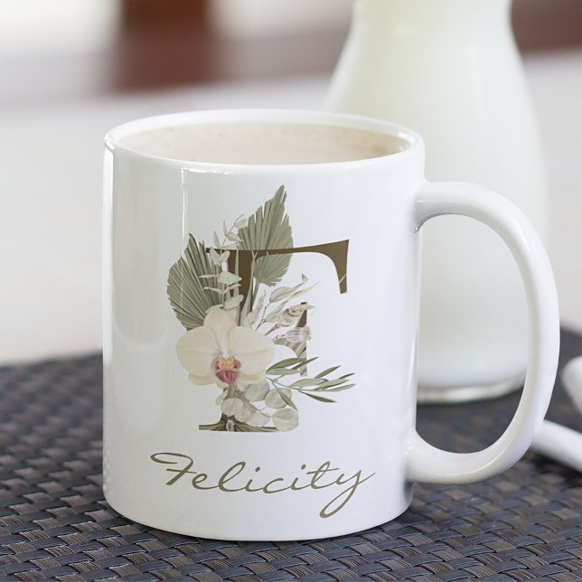Initial A Boho Floral Orchid Greenery Custom Name Coffee Mug (Creator Uploaded)