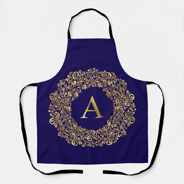 Initial A golden Damask Classic Pattern  Apron (Front)