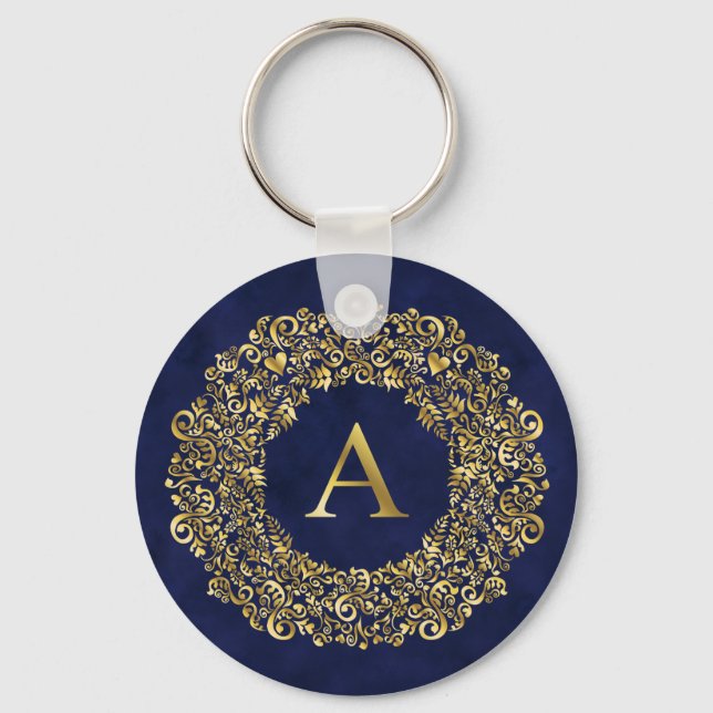 Initial A golden Damask Classic Pattern  Key Ring (Front)
