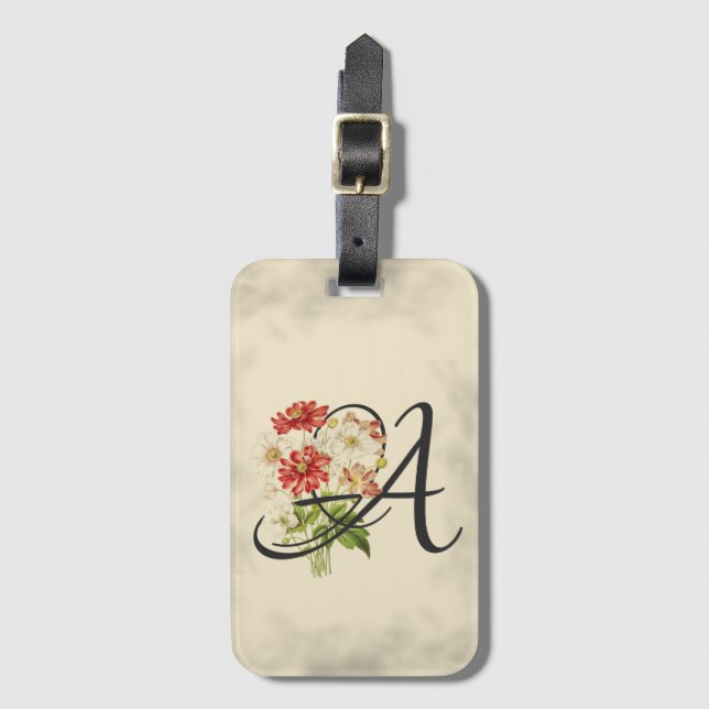 Initial A, Vintage Anemones Luggage Tag (Front Vertical)