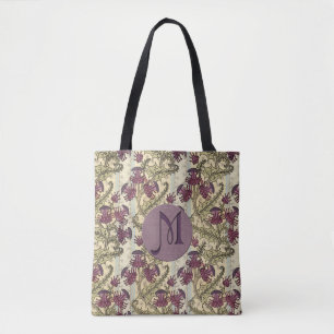 Initial Art Nouveau Purple Thistle Flower Tote Bag