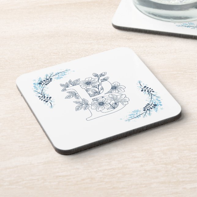 Initial "B" Blue Monogram Calm Floral Coaster (Left Side)