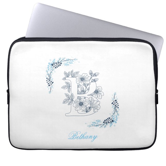 Initial "B" Blue Monogram Calm Floral Laptop Sleeve (Front)