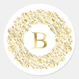 Initial B golden Damask Classic Pattern Round Sticker