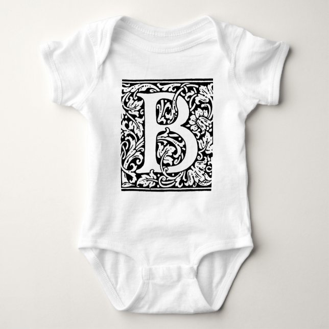 Initial B Monogram. Customised Name Floral Pattern Baby Bodysuit (Front)