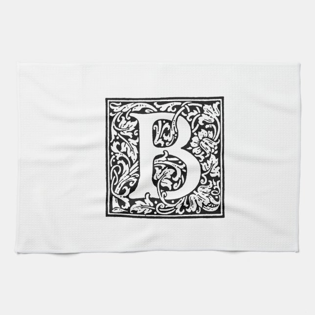 Initial B Monogram. Customised Name Floral Pattern Tea Towel (Horizontal)