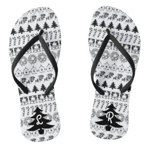 Initial - Black/White Christmas Fun Font Pattern Jandals