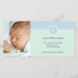 Initial Blue Green Boy New Baby Birth Photo Cards