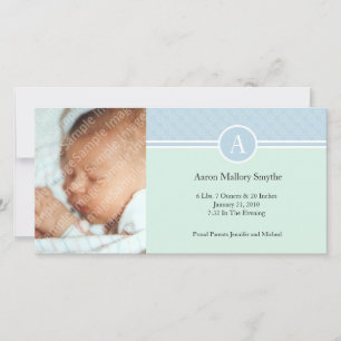 Initial Blue Green Boy New Baby Birth Photo Cards