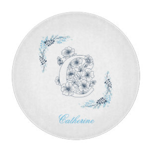Initial "C" Blue Monogram Calm Floral Cutting Board