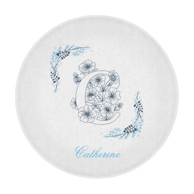 Initial "C" Blue Monogram Calm Floral Cutting Board (Front)