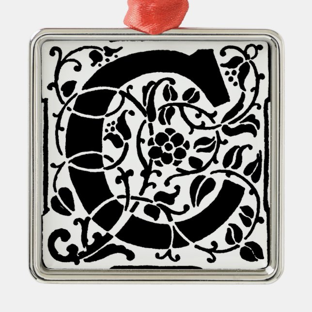 Initial C Monogram. Floral Name Customised Pattern Metal Tree Decoration (Front)