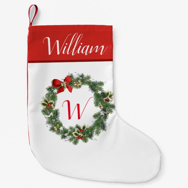 Initial Christmas Wreath Monogram Xmas Stocking (Front)