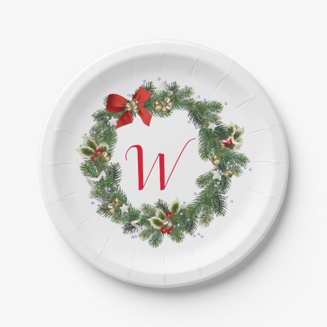 Initial Christmas Wreath Paper Party Plates (Front)