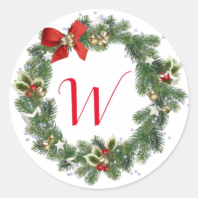 Initial Christmas Wreath Stickers Envelope Seals (Front)