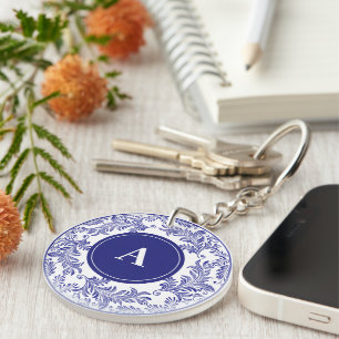 Initial Classic Blue White Floral Pattern Key Ring