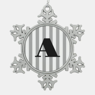 Initial Classic grey and white vintage stripes Snowflake Pewter Christmas Ornament