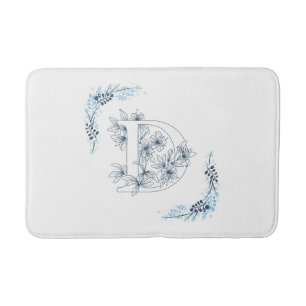 Initial "D" Blue Monogram Calm Floral Bath Mat