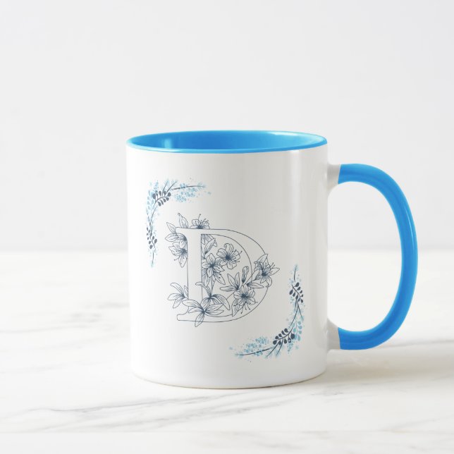 Initial "D" Blue Monogram Calm Floral Coffee Mug (Right)