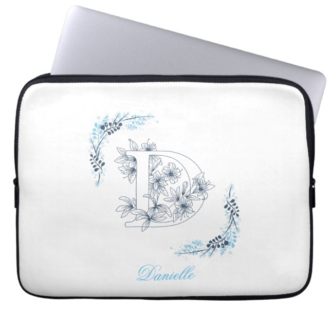 Initial "D" Blue Monogram Calm Floral Laptop Sleeve (Front)