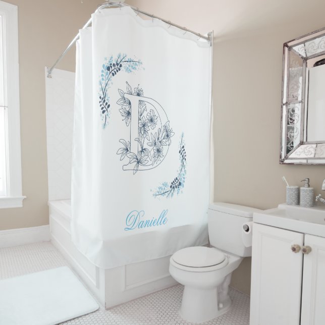 Initial "D" Blue Monogram Calm Floral Shower Curtain (In Situ)