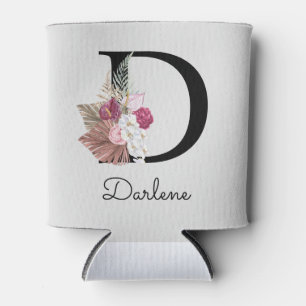 Initial D Monogrammed Pink Boho Floral Can Cooler