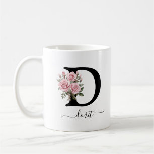 Initial D Pink Roses Floral Flowers Monogram Name Coffee Mug