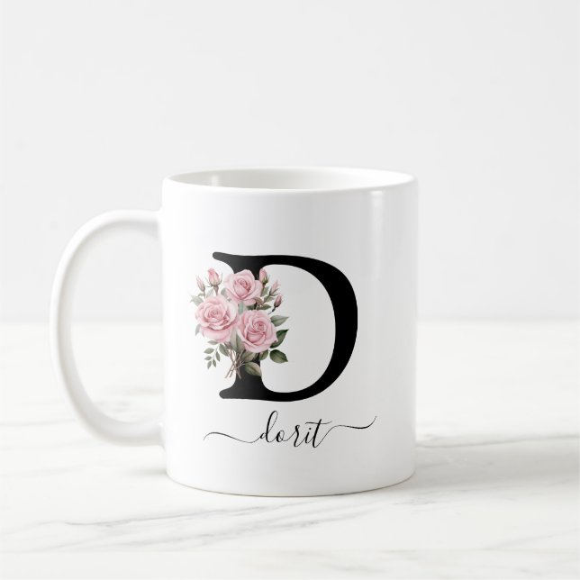 Initial D Pink Roses Floral Flowers Monogram Name Coffee Mug (Left)